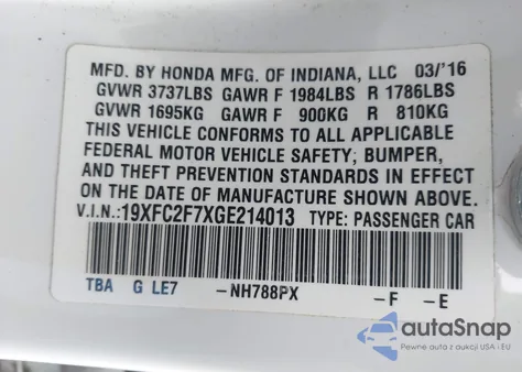 2016 Honda Civic Ex z USA, uszkodzony, nr VIN 19XFC2F7XGE214013